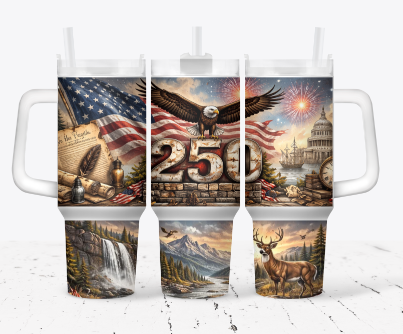 250 years celebration tumbler with eagle, buck and flag