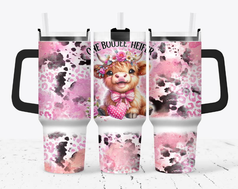 Pink valentine style highland cow, "one boujee heifer"