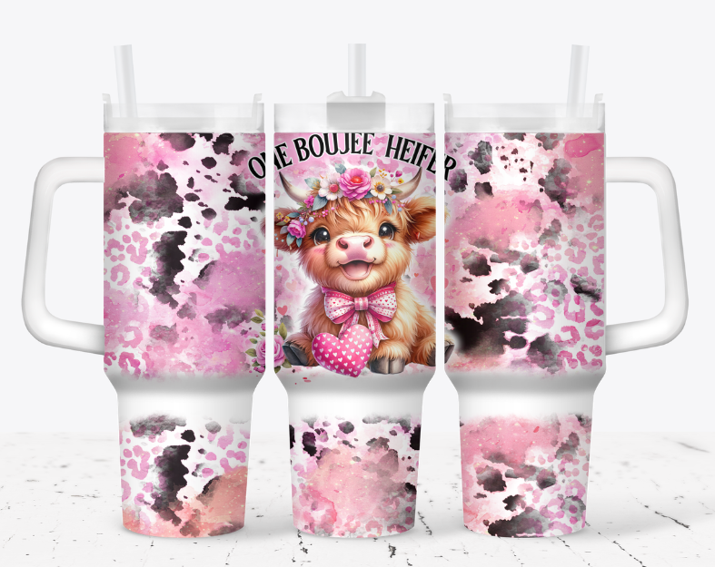 Pink valentine style highland cow, "one boujee heifer"