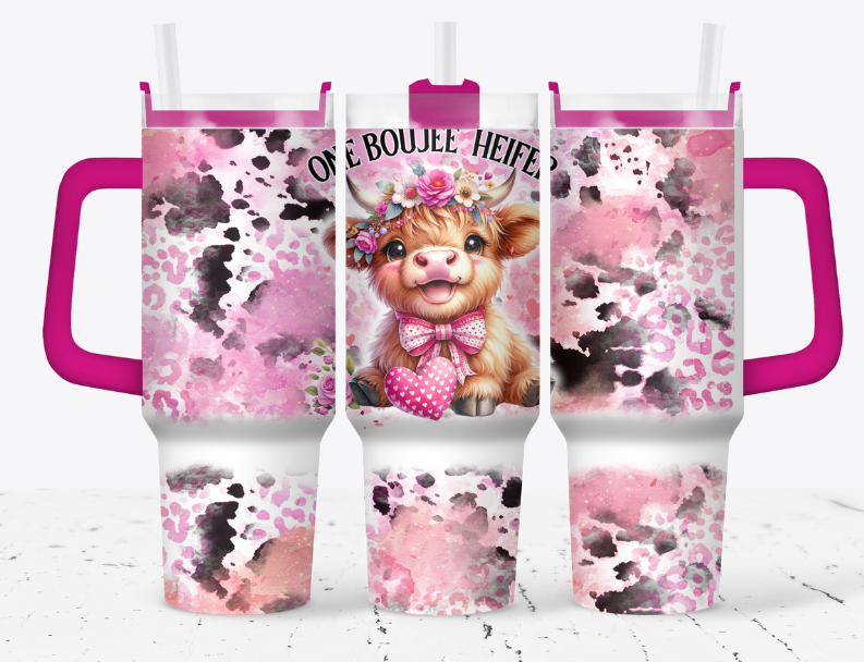 Pink valentine style highland cow, "one boujee heifer"