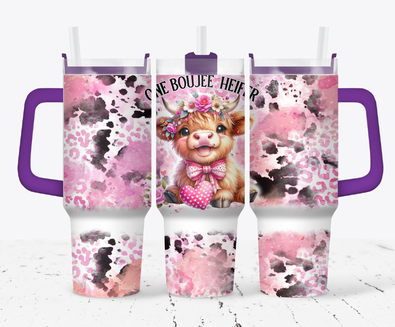 Pink valentine style highland cow, "one boujee heifer"