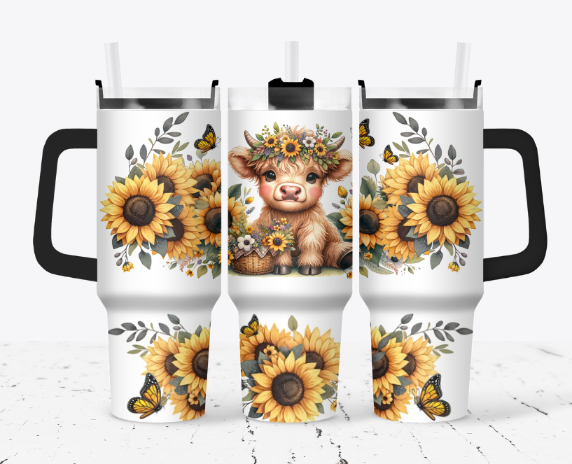Highland cow with a sunflower crown and butterflies