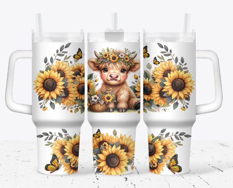 Highland cow with a sunflower crown and butterflies