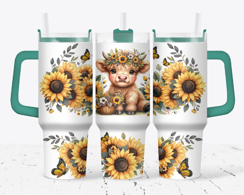 Highland cow with a sunflower crown and butterflies