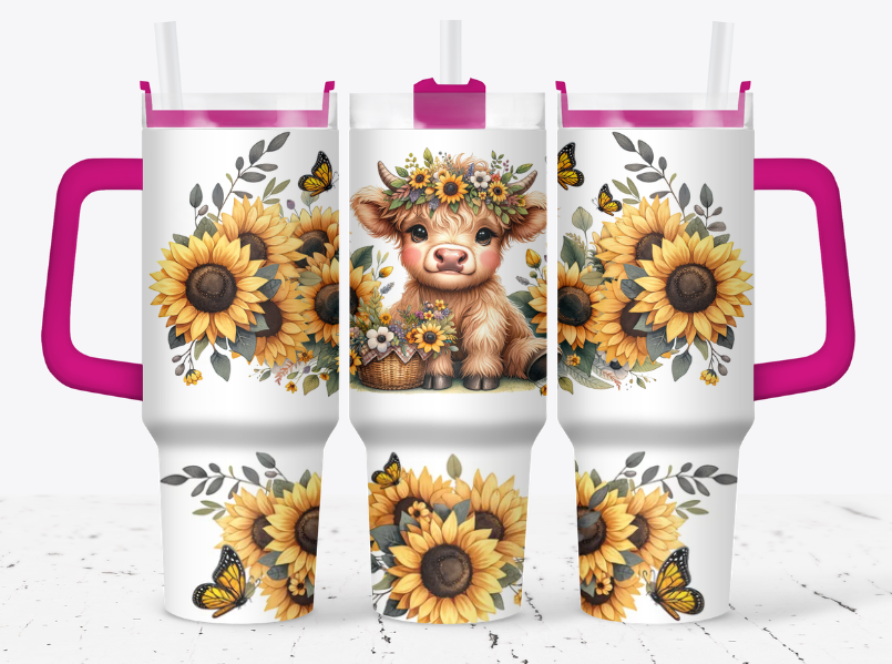 Highland cow with a sunflower crown and butterflies