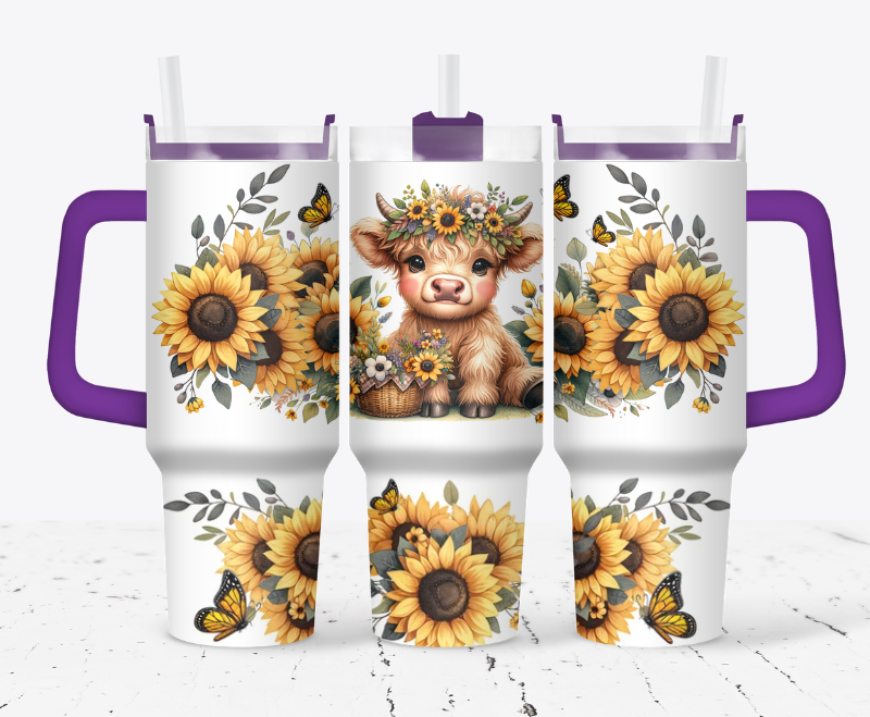 Highland cow with a sunflower crown and butterflies