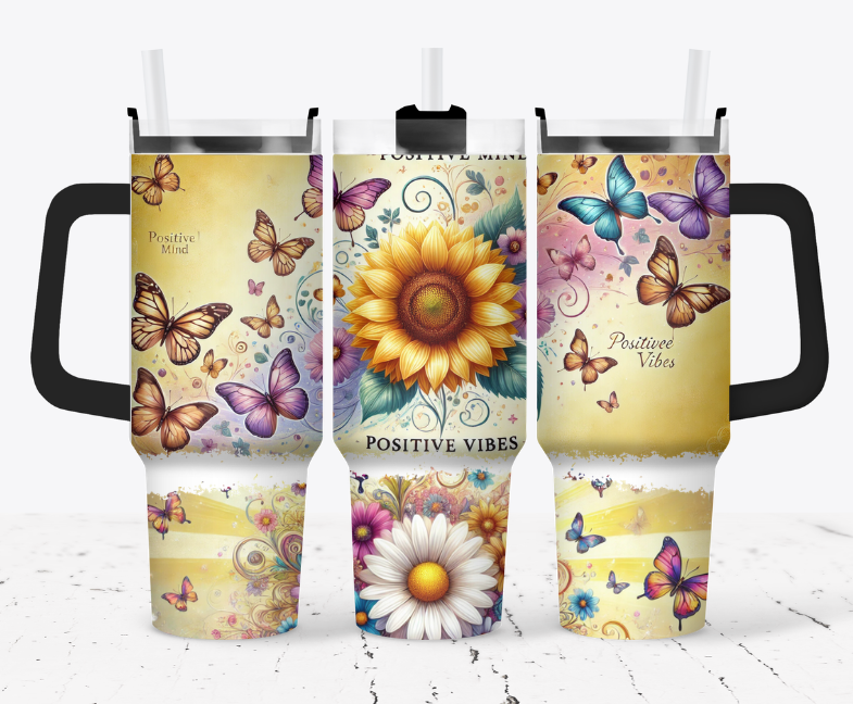 positive vibes, sunflowers and butterflies