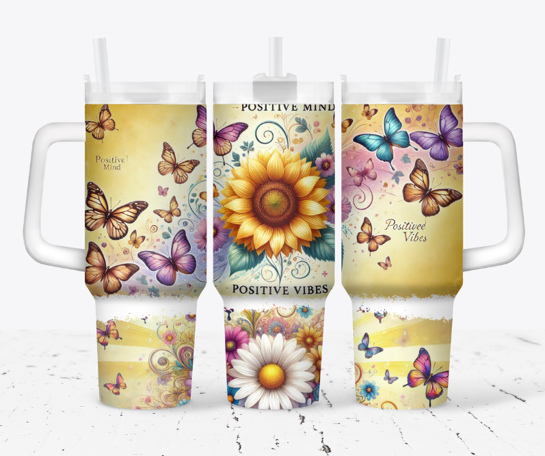 positive vibes, sunflowers and butterflies