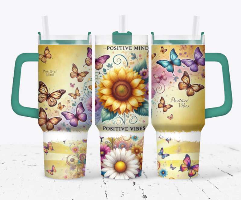 positive vibes, sunflowers and butterflies
