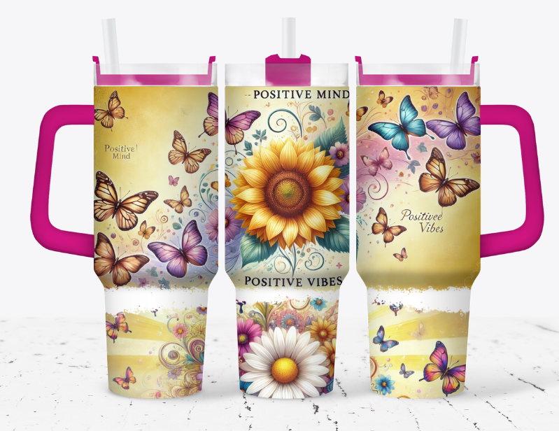 positive vibes, sunflowers and butterflies