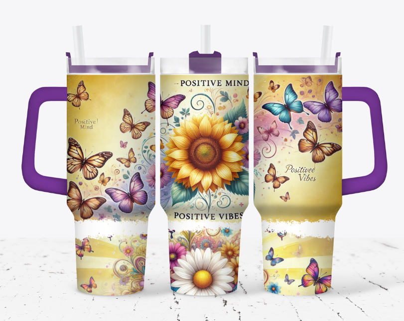 positive vibes, sunflowers and butterflies
