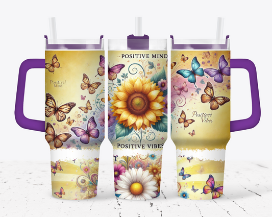 positive vibes, sunflowers and butterflies