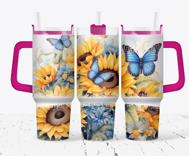 Sunflowers with blue butterflies