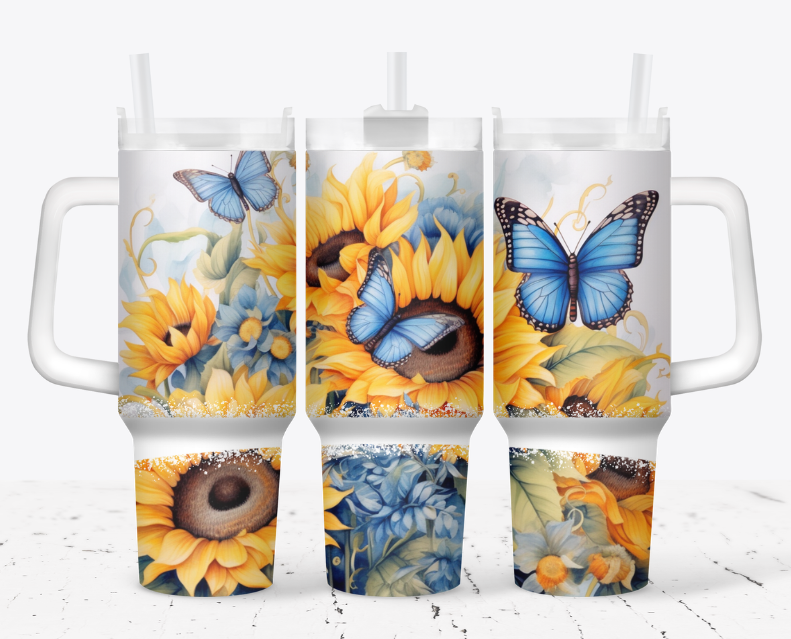 Sunflowers with blue butterflies