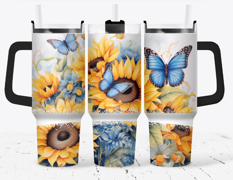 Sunflowers with blue butterflies