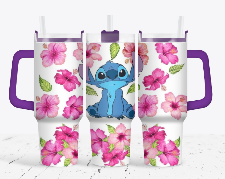 Stitch with white and pink flowers