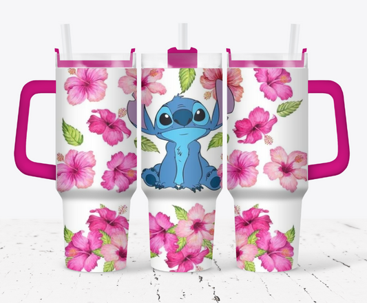 Stitch with white and pink flowers