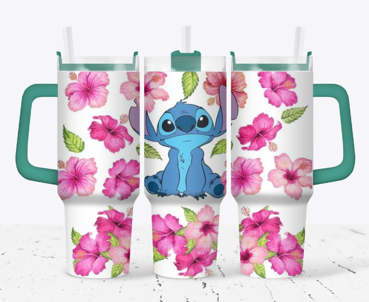 Stitch with white and pink flowers