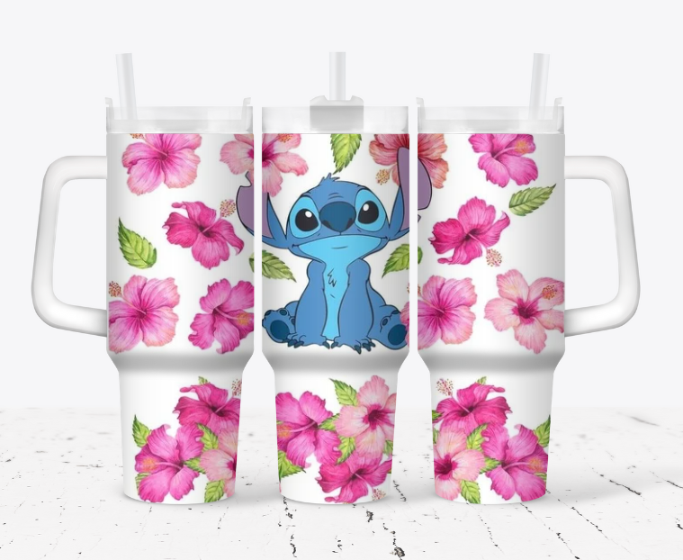 Stitch with white and pink flowers