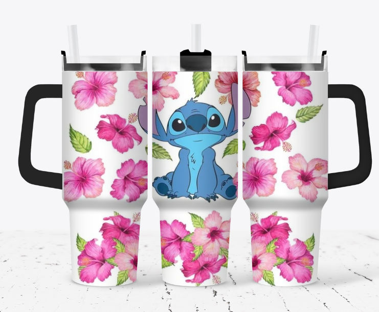 Stitch with white and pink flowers