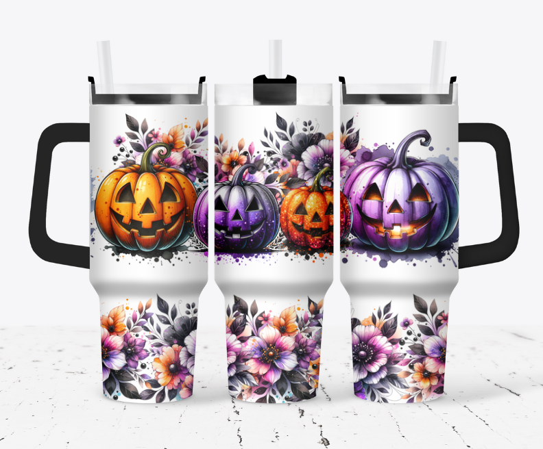 Purple and orange pumpkins and flowers