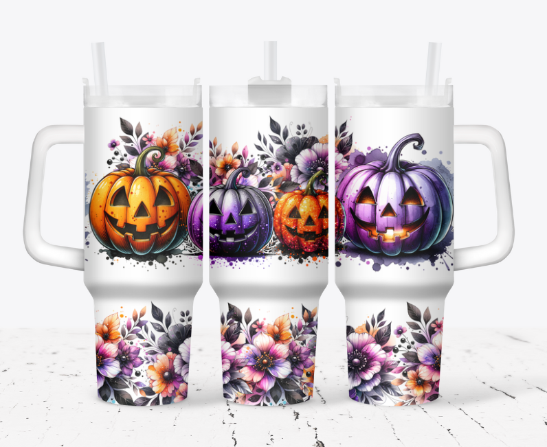 Purple and orange pumpkins and flowers