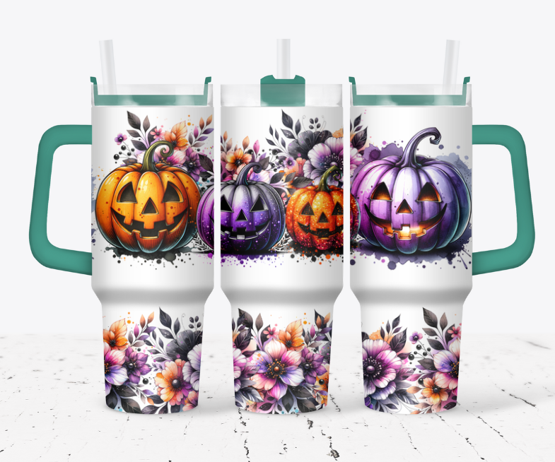 Purple and orange pumpkins and flowers