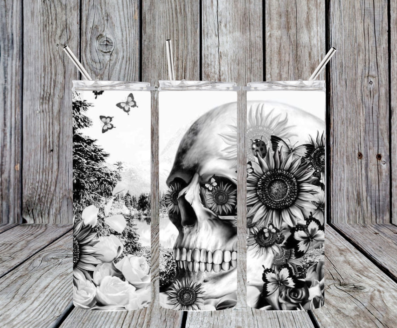 black and white skull with flowers