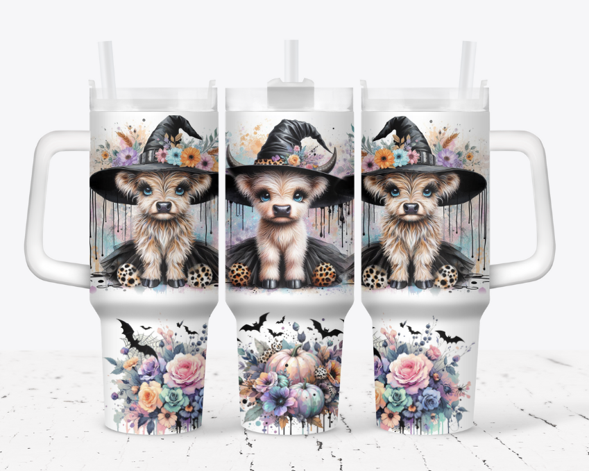 Blonde witch highland cows with flowers and bats