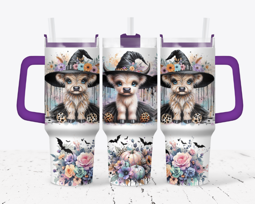Blonde witch highland cows with flowers and bats