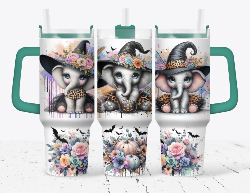 Elephant witch with pumpkins, flowers and bats
