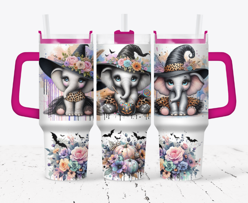 Elephant witch with pumpkins, flowers and bats