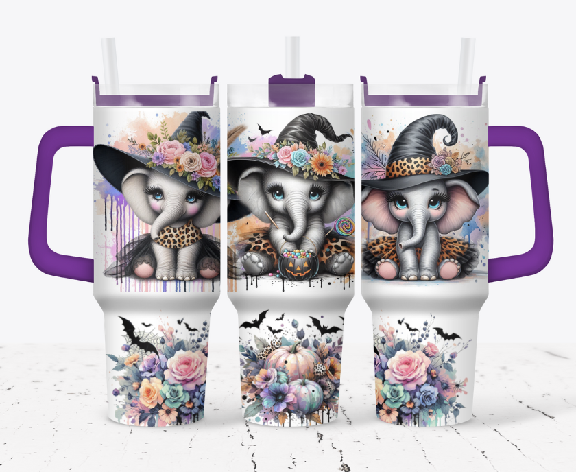 Elephant witch with pumpkins, flowers and bats