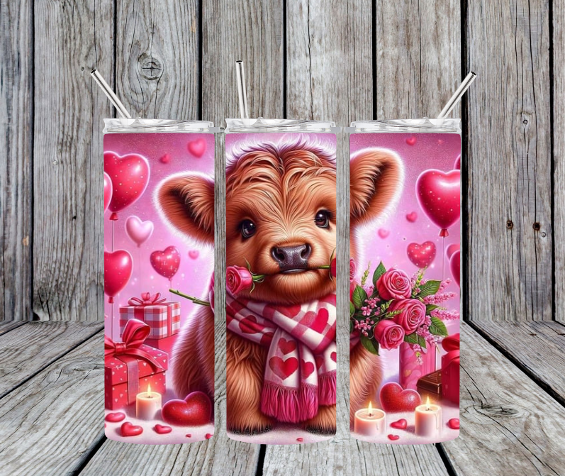Valentine Highland cow with a rose in its mouth