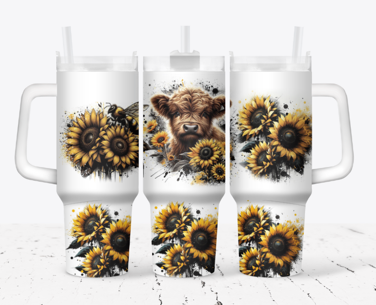 Highland cow with a bee