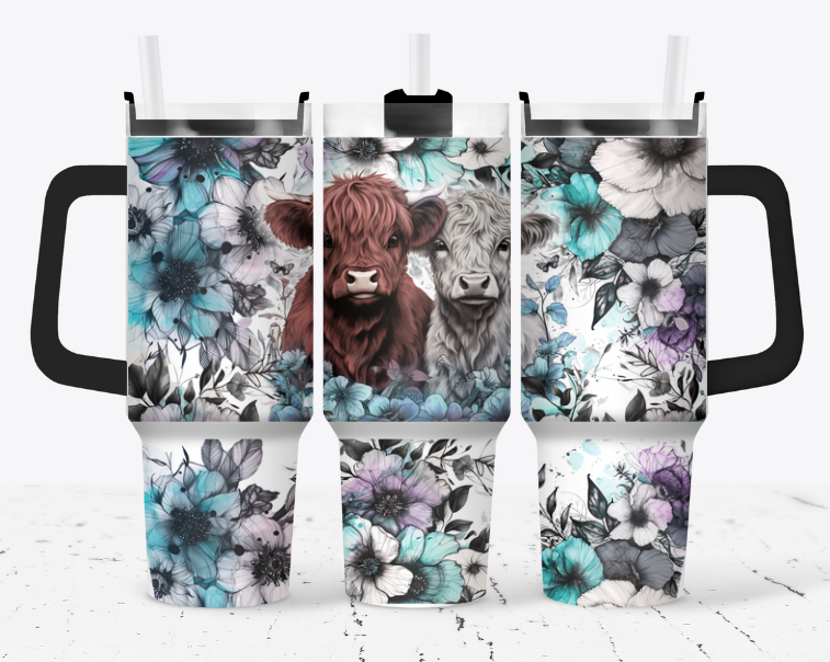 Brown and white highland with black and blue flowers