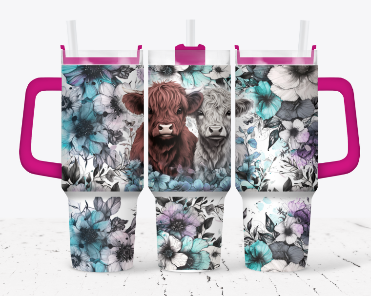 Brown and white highland with black and blue flowers