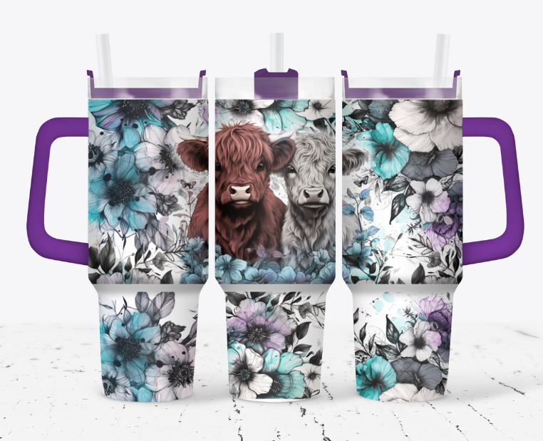 Brown and white highland with black and blue flowers