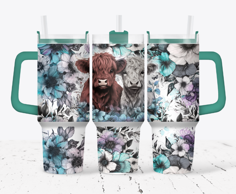 Brown and white highland with black and blue flowers