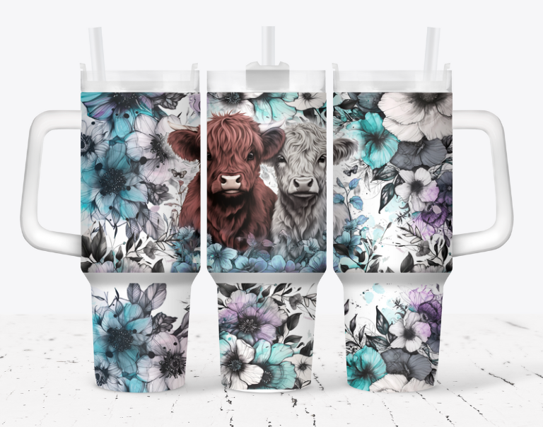 Brown and white highland with black and blue flowers